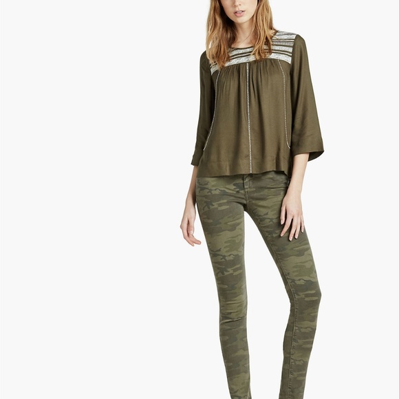 Lucky Brand Woven Beaded Boho Blouse Olive 3/4 Slv - Picture 7 of 8